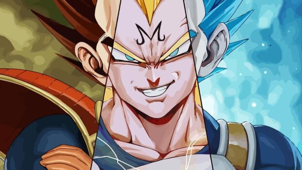 The split image shows Majin Vegeta and Super Saiyan Blue form together, HD Desktop Wallpaper