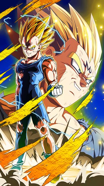 Majin Vegeta stands confidently with electricity surrounding him in an intense battle scene, 4K Phone Wallpaper