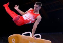 A male gymnast is captured mid routine on the pommel horse gymnastics apparatus, 2K Desktop Wallpaper