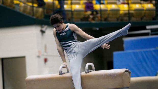 Male gymnast practicing pommel horse gymnastics in competition, HD Desktop Wallpaper