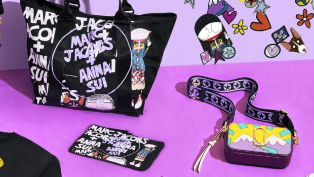 A collection of Marc Jacobs fashion accessories and designs on a purple background, 2K Desktop Wallpaper