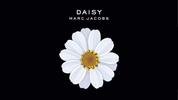 The Marc Jacobs floral design displays a white daisy with yellow and brown center on black, HD Desktop Wallpaper