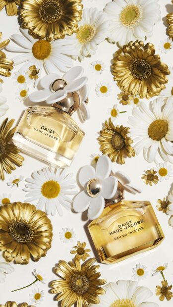 Two Marc Jacobs perfume bottles surrounded by white and gold flowers, HD Phone Wallpaper