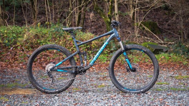 A Marin bike standing on a gravel path in a forest area, HD Desktop Wallpaper