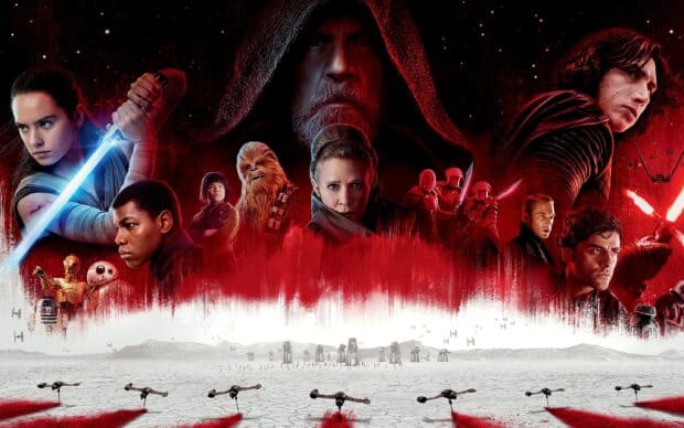 A group of Star Wars characters including Mark Hamill in a dramatic red and white scene, 2K Desktop Wallpaper