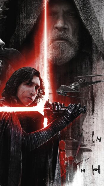 A dark scene featuring Mark Hamill with a red lightsaber and a hooded figure in the background, 4K Phone Wallpaper