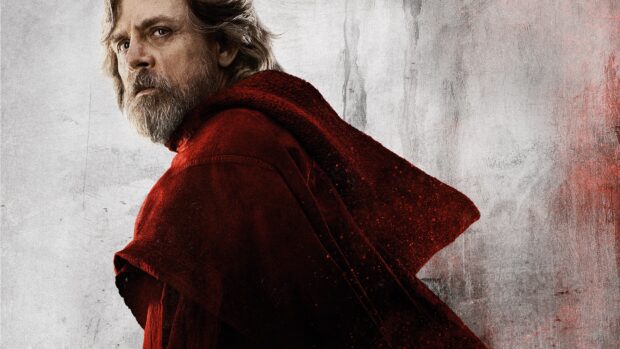 Mark Hamill wears a red cloak looking over his shoulder with a textured background, 4K Desktop Wallpaper