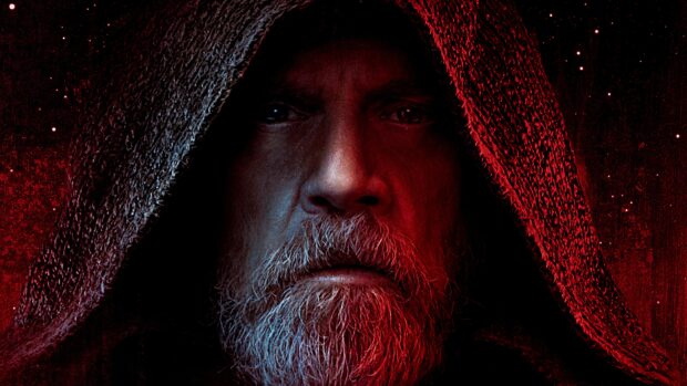 A close up of Mark Hamill with a hooded cloak in red lighting, 4K Desktop Wallpaper