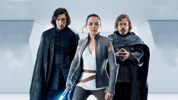 Mark Hamill stands with two other Star Wars characters in a futuristic setting, 4K Desktop Wallpaper