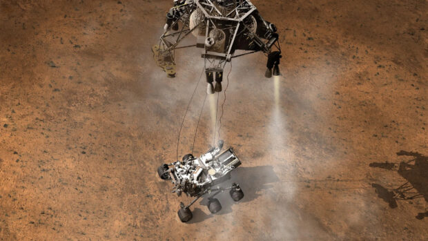 The Mars Curiosity Rover is lowered to the surface during its descent, HD Desktop Wallpaper
