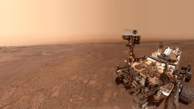The Mars Curiosity rover explores the rocky terrain of Mars with detailed instruments and cameras, 4K Desktop Wallpaper