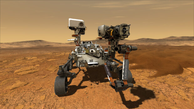 The Mars Curiosity rover explores rugged terrain on Mars under a dusty sky, HD Desktop Wallpaper