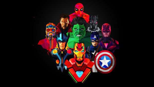 This image shows iconic Marvel characters in a colorful geometric style representing Justin Maller Wallpapers, HD Desktop Wallpaper