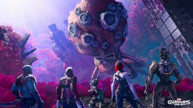 The Guardians of the Galaxy team face a giant monster in a colorful alien environment, 4K Desktop Wallpaper