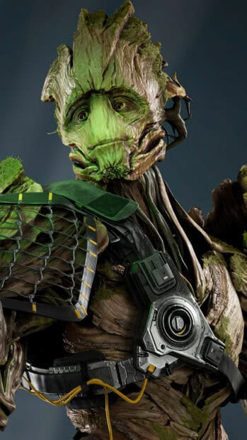 A detailed close up of Marvels Guardians Of The Galaxy character Groot with mechanical gear, 4K Mobile Wallpaper