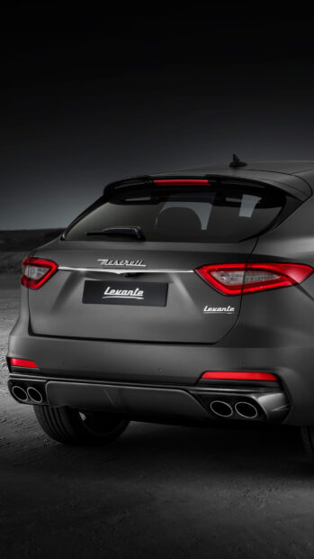 The image shows the rear design of a Maserati Levante with tail lights and exhaust details, 4K Phone Wallpaper