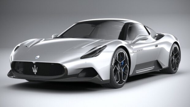 A silver Maserati MC20 is displayed on a plain background highlighting its modern design, HD Desktop Wallpaper