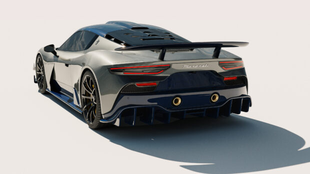 The image shows a sleek Maserati MC20 with a rear wing in a studio setting, 4K Desktop Wallpaper