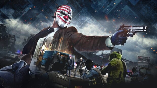 A masked character is aiming a gun during a fierce shootout scene in shooter game wallpapers, HD Desktop Wallpaper