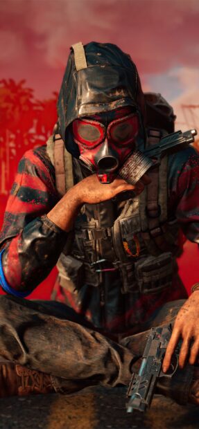 A masked soldier in tactical gear holding a pistol in a Far Cry 6 Wallpapers scene, 2K Mobile Wallpaper