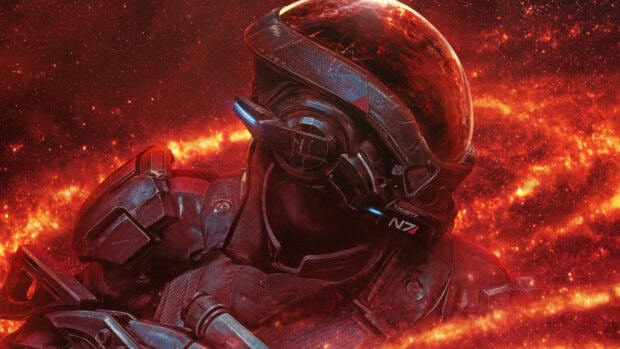 A close up of a character in N7 armor surrounded by fiery space elements in Mass Effect Andromeda, 4K Desktop Wallpaper