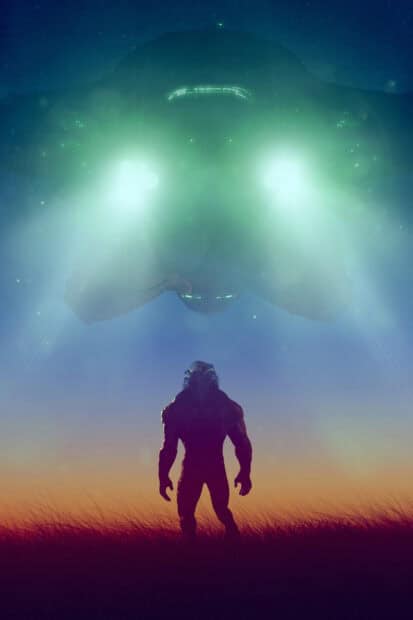 An alien figure stands under a spaceship hovering with bright lights at dusk in Mass Effect Andromeda, HD Phone Wallpaper
