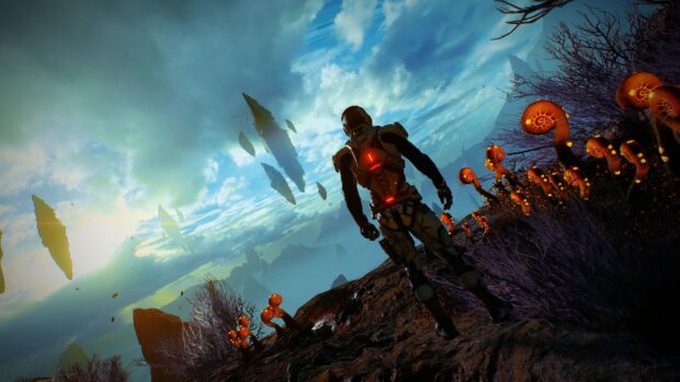 A Mass Effect Andromeda character explores an alien landscape filled with strange plants under a vibrant sky, 4K Desktop Wallpaper