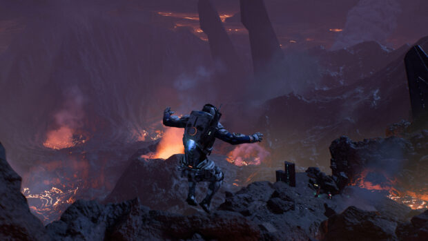 A Mass Effect Andromeda character explores a volcanic planet with lava and smoke in the background, 4K Desktop Wallpaper