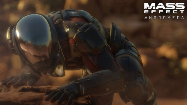 A character in futuristic armor climbs over rocky terrain in Mass Effect Andromeda, 4K Desktop Wallpaper