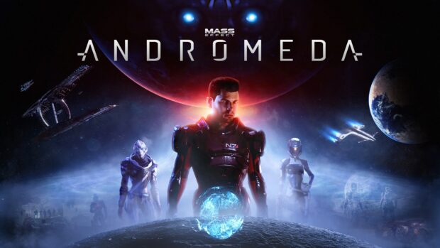 The Mass Effect Andromeda characters stand before planets in a sci fi space setting, 4K Desktop Wallpaper
