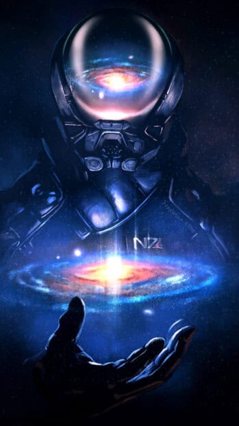 A futuristic helmet shows a galaxy reflection with a hand holding a bright galaxy, 4K Phone Wallpaper