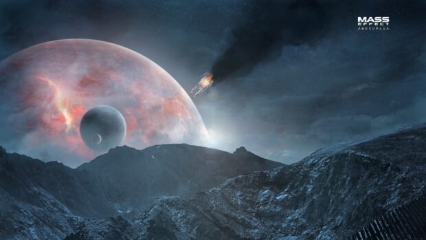 A fiery spaceship crashes near rocky mountains in Mass Effect Andromeda, 4K Desktop Wallpaper