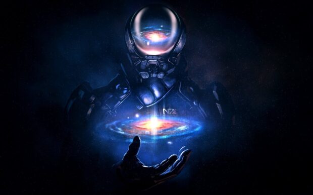 A futuristic soldier from Mass Effect andromeda holds a glowing galaxy in his hand, HD Desktop Wallpaper