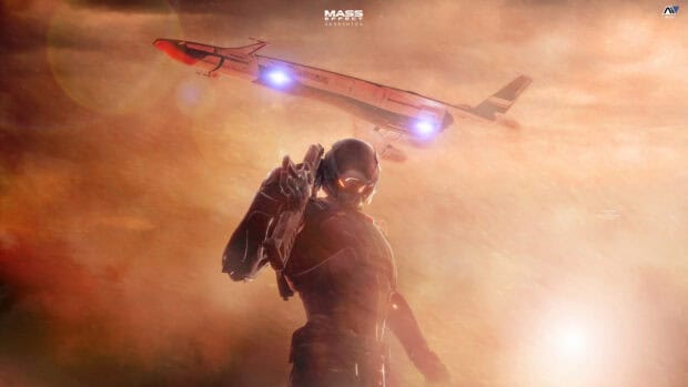 A cosmic warrior stands with a weapon under a spaceship in Mass Effect Andromeda, 4K Desktop Wallpaper