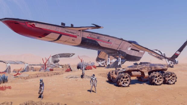Characters explore a desert planet near a futuristic ship in Mass Effect Andromeda, 4K Desktop Wallpaper