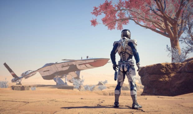 A character in futuristic armor stands near a spaceship under a pink leaved tree in Mass Effect Andromeda, HD Desktop Wallpaper