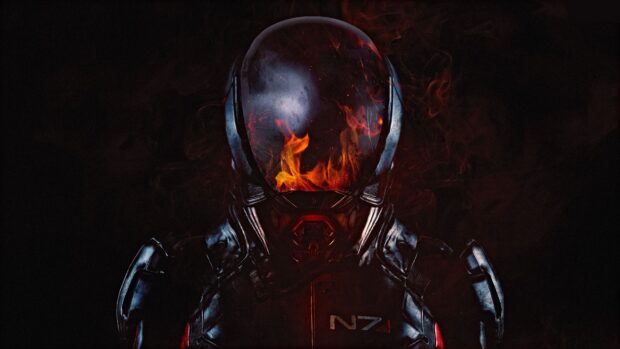 A futuristic helmet with flames inside is featured in Mass Effect Andromeda, 4K Desktop Wallpaper