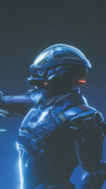A futuristic soldier wearing advanced armor is depicted in this Mass Effect Andromeda image, 4K Mobile Wallpaper