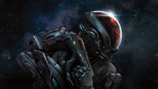 A futuristic soldier from Mass Effect Andromeda is holding a weapon in space, 4K Desktop Wallpaper