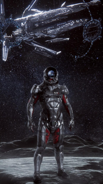 A character wearing a futuristic space suit stands on a moon surface with stars and a spaceship behind, HD Phone Wallpaper