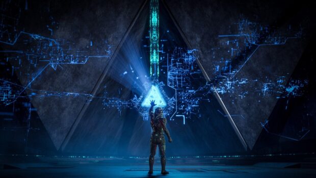 A character in armor interacts with glowing blue tech in a dark room, HD Desktop Wallpaper