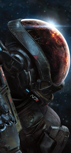 A close up of a futuristic helmet showing a planet reflection in the visor from Mass Effect Andromeda, HD Phone Wallpaper