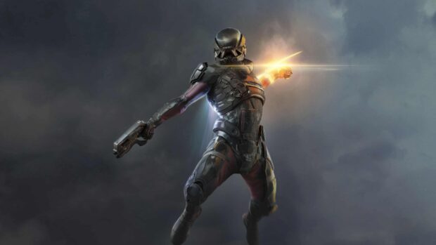 A Mass Effect Andromeda character wearing futuristic armor and firing a glowing weapon in mid air, 4K Desktop Wallpaper