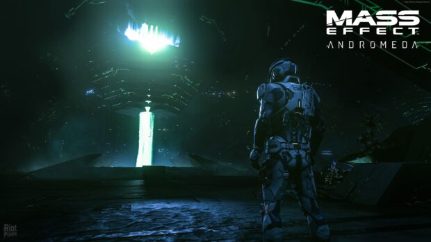 A futuristic character stands facing a glowing structure in a dark environment from Mass Effect Andromeda, 4K Desktop Wallpaper