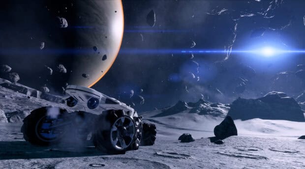 The Mass Effect Andromeda vehicle explores a rocky alien planet under a bright sun, 2K Desktop Wallpaper