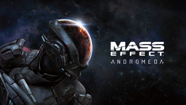 A futuristic soldier wearing space armor with a planet reflected on the helmet visor in Mass Effect Andromeda, 4K Desktop Wallpaper