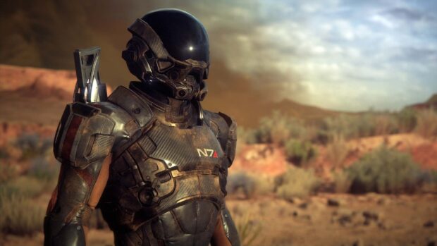 A soldier in full armor stands in a desert landscape from Mass Effect Andromeda wallpapers, HD Desktop Wallpaper