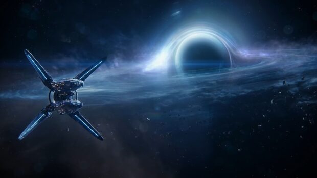 A deep space scene from Mass Effect Andromeda showing a spaceship near a glowing black hole, HD Desktop Wallpaper