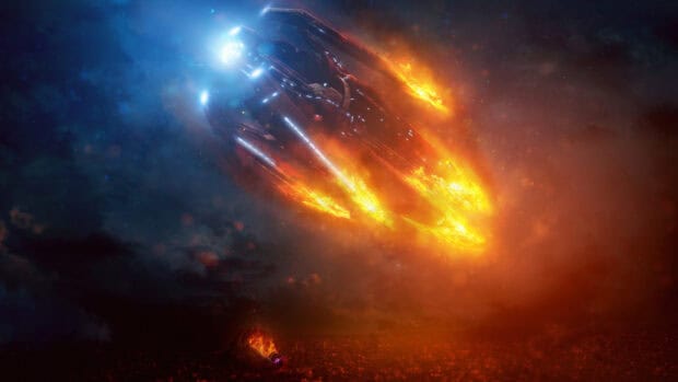 A spaceship descends through fiery atmosphere in Mass Effect Andromeda, 4K Desktop Wallpaper