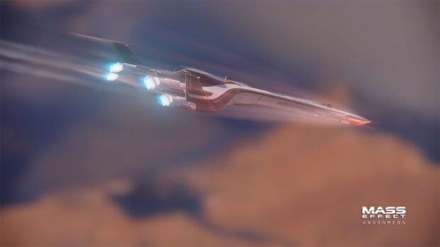 A spaceship is flying through the sky in Mass Effect Andromeda, 4K Desktop Wallpaper